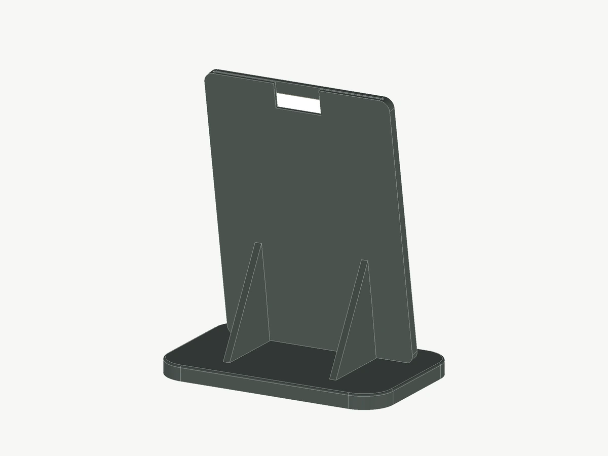 Vue arrière du présentoir QR montrant les nervures de soutien et l’encoche d’accès à la carte